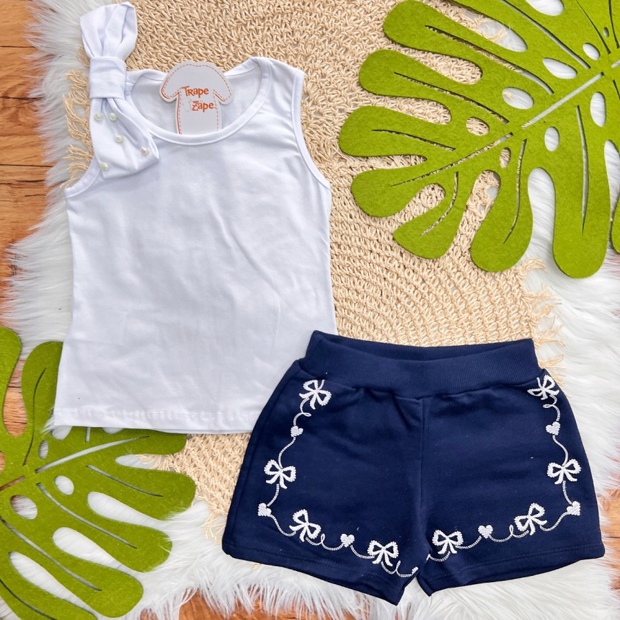 Conj. Regata com Laço Strass e Short Corações - Branco e Marinho